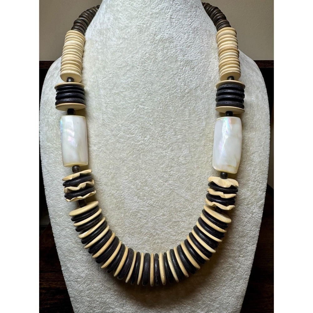 VTG Necklace Brown Cream Carved Wood MOP 23" Tribal Boho Disc Beads Statement 80